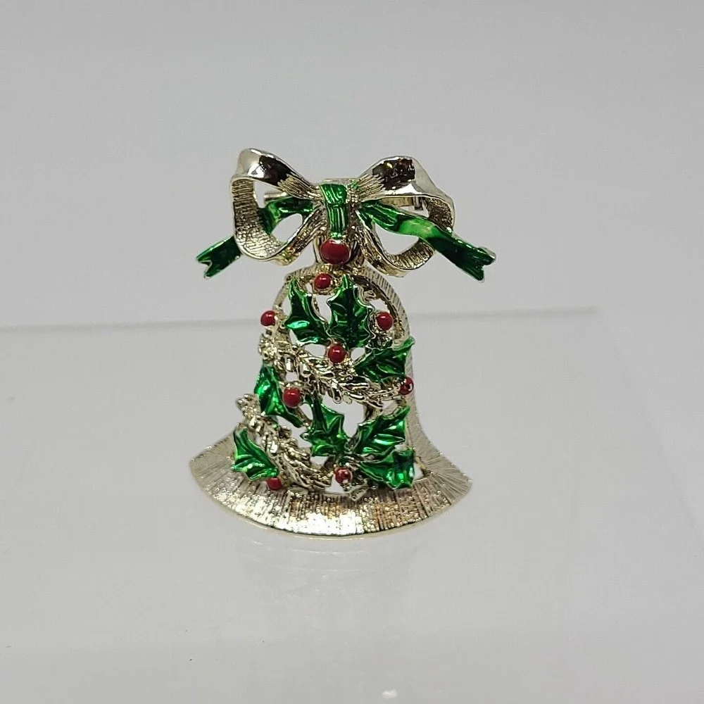 Vintage Gerry's Christmas Jingle Bell Holly Leaf Bow Enamel 2